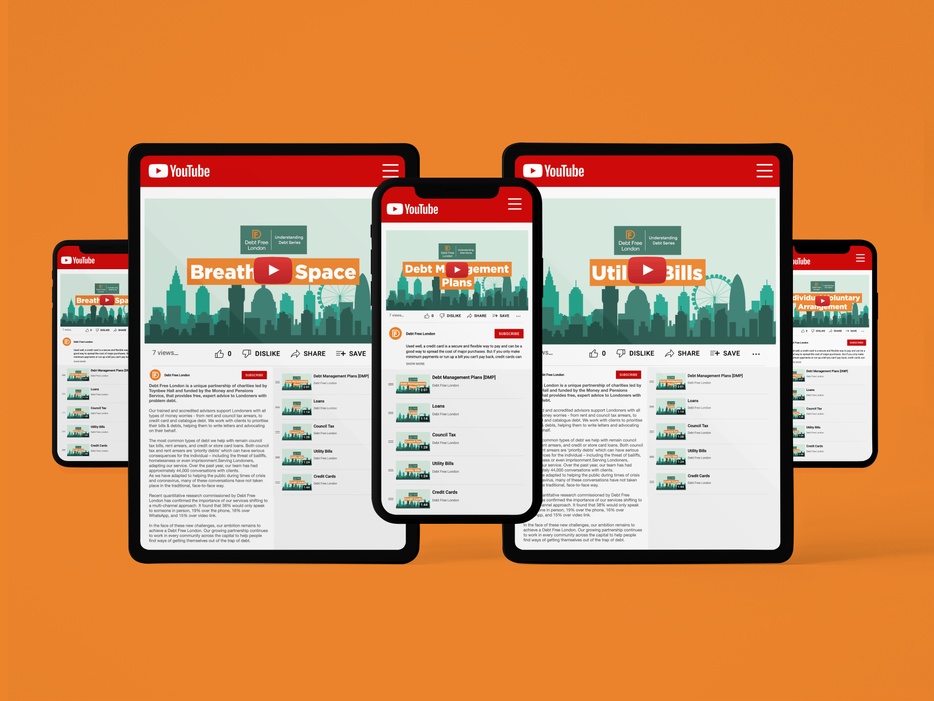 Debt Free London Understanding Debt Series - five mobile devices displaying different videos from the series