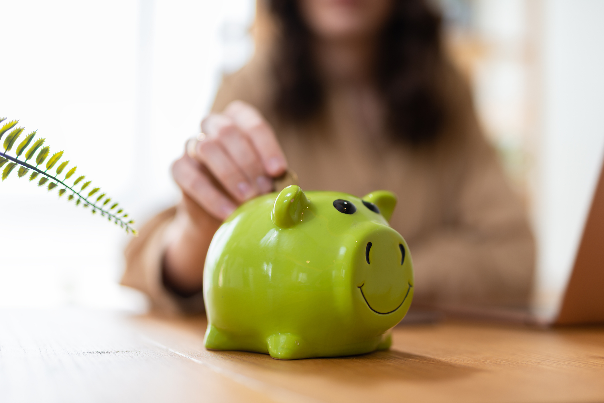 A lady putting a coin into a money box that looks like a piggy