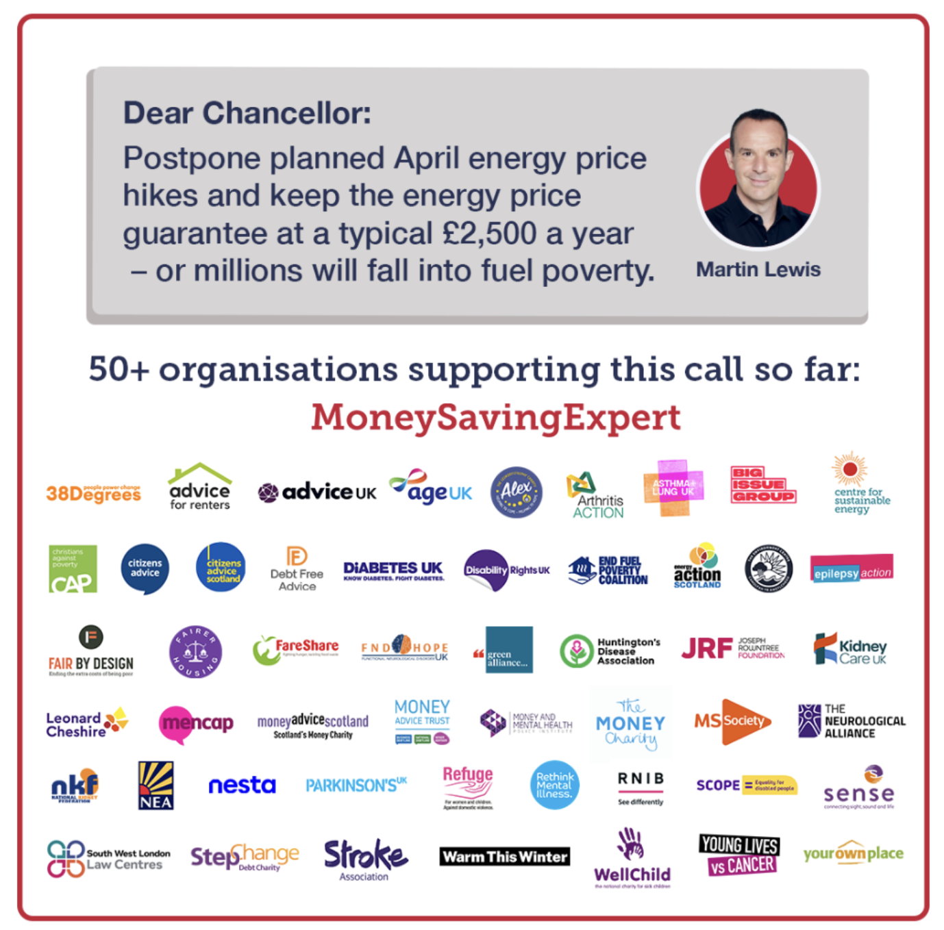 Logos of 50+ charities backing letter from Martin Lewis